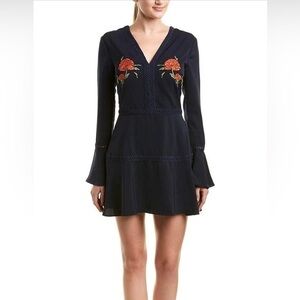 Finders Keepers embroidered bell sleeve navy dress